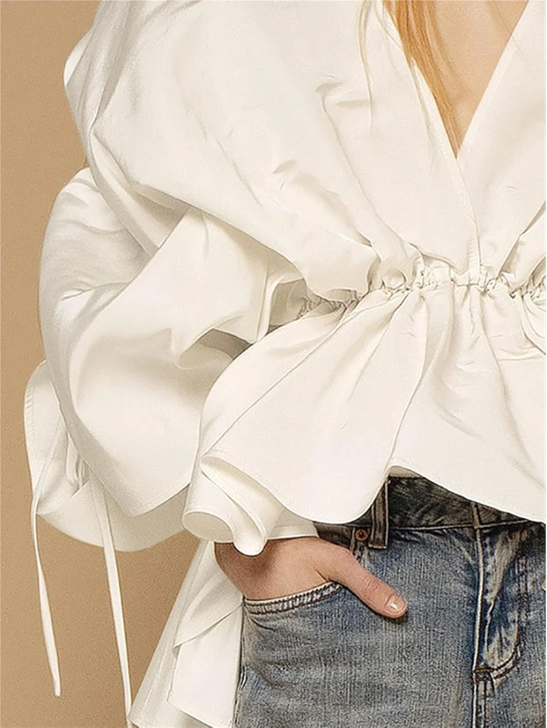 بلوز زنانه VETCS، پیراهن زنانه یقه برگردان، آستین بلند، بند دار، رنگ ثابت، بلوز ساده زنانه (رنگ: سفید، سایز: S)