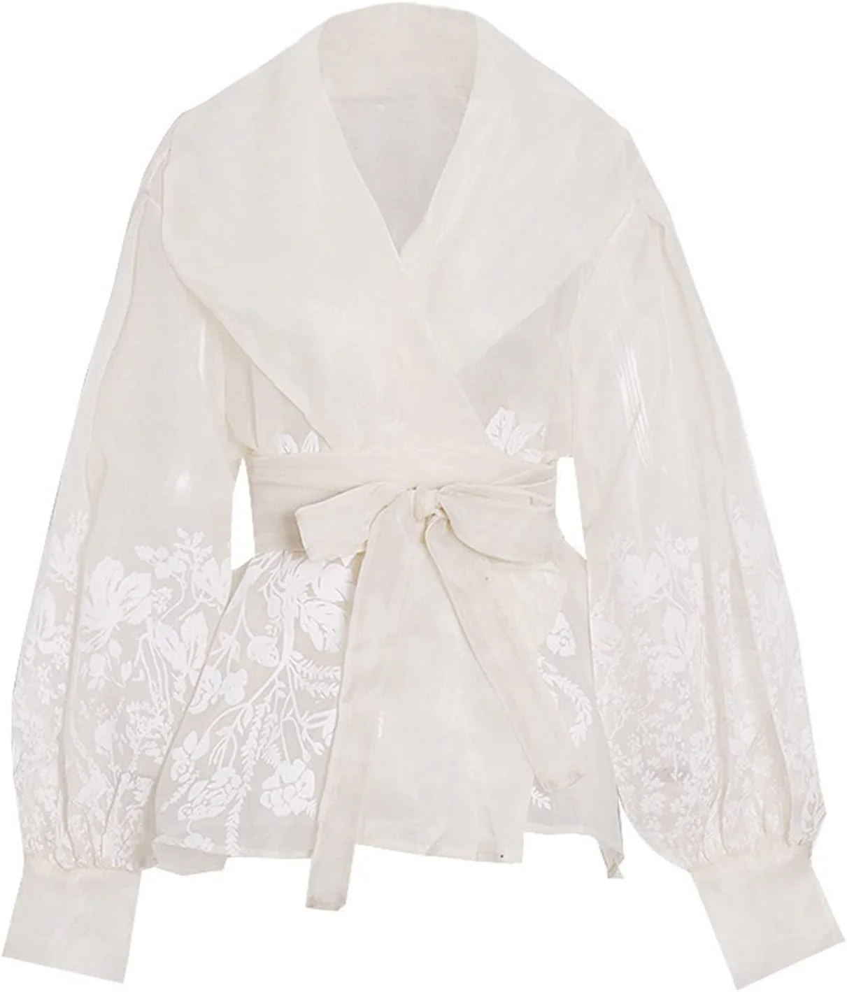 بلوز زنانه VETCS، پیراهن زنانه یقه برگردان، آستین پفی بلند طرح دار با بند کمر (رنگ: زردآلویی، سایز: L)