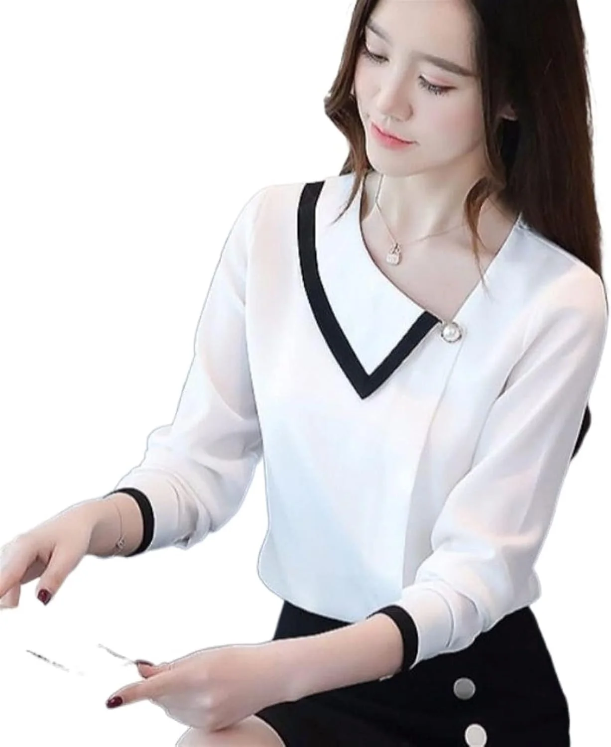 بلوز زنانه VETCS، پیراهن شیفون پولیور، تاپ یقه صاف زنانه، تاپ تنفسی (رنگ: سفید، سایز: M)