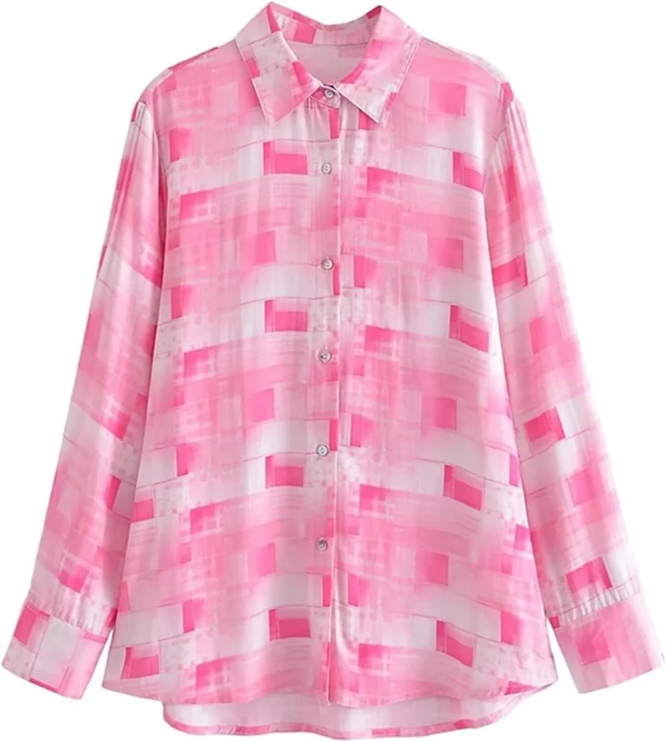 بلوز زنانه VETCS، بلوز و پیراهن صورتی، پیراهن دکمه دار چاپی، لباس زنانه، آستین بلند گشاد، تاپ زنانه (رنگ: صورتی، سایز: M)