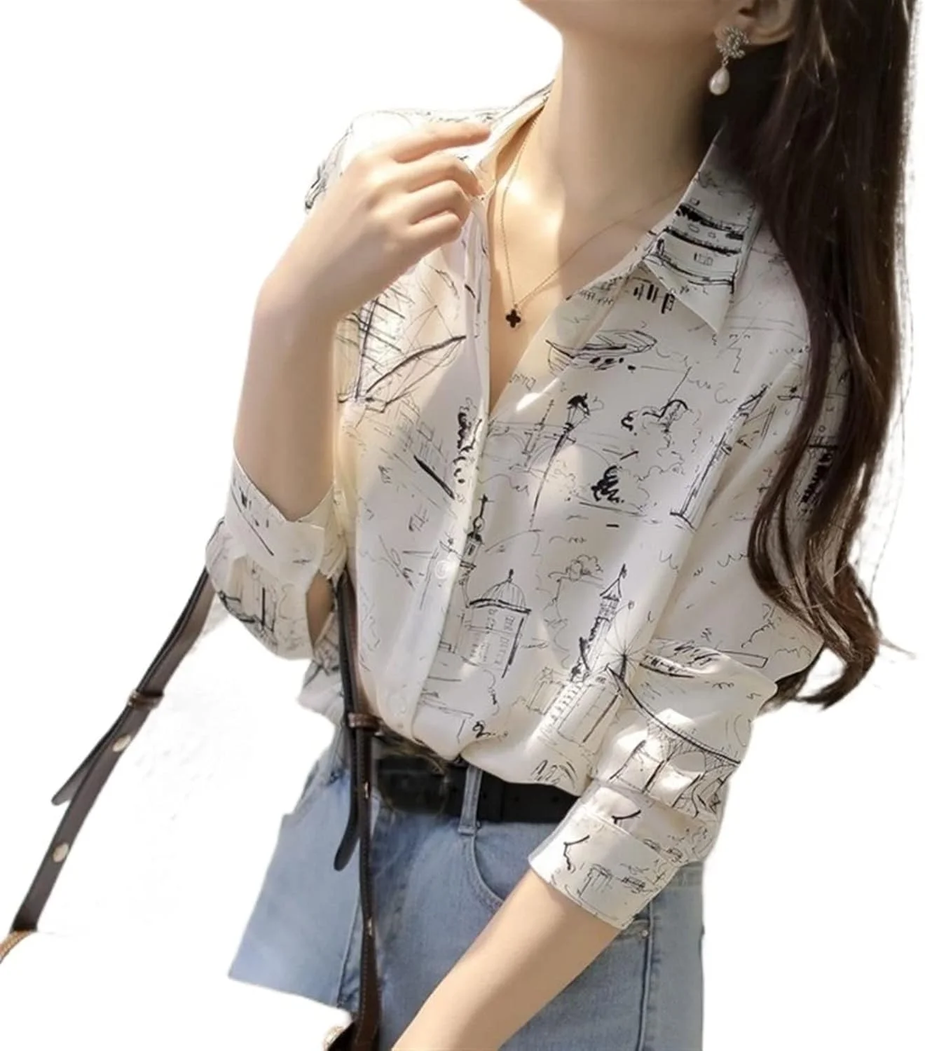 بلوز زنانه VETCS، پیراهن زنانه، پیراهن شیفون طرح دار، آستین بلند، پیراهن گشاد زنانه، لباس زنانه (رنگ: سفید، سایز: XL)