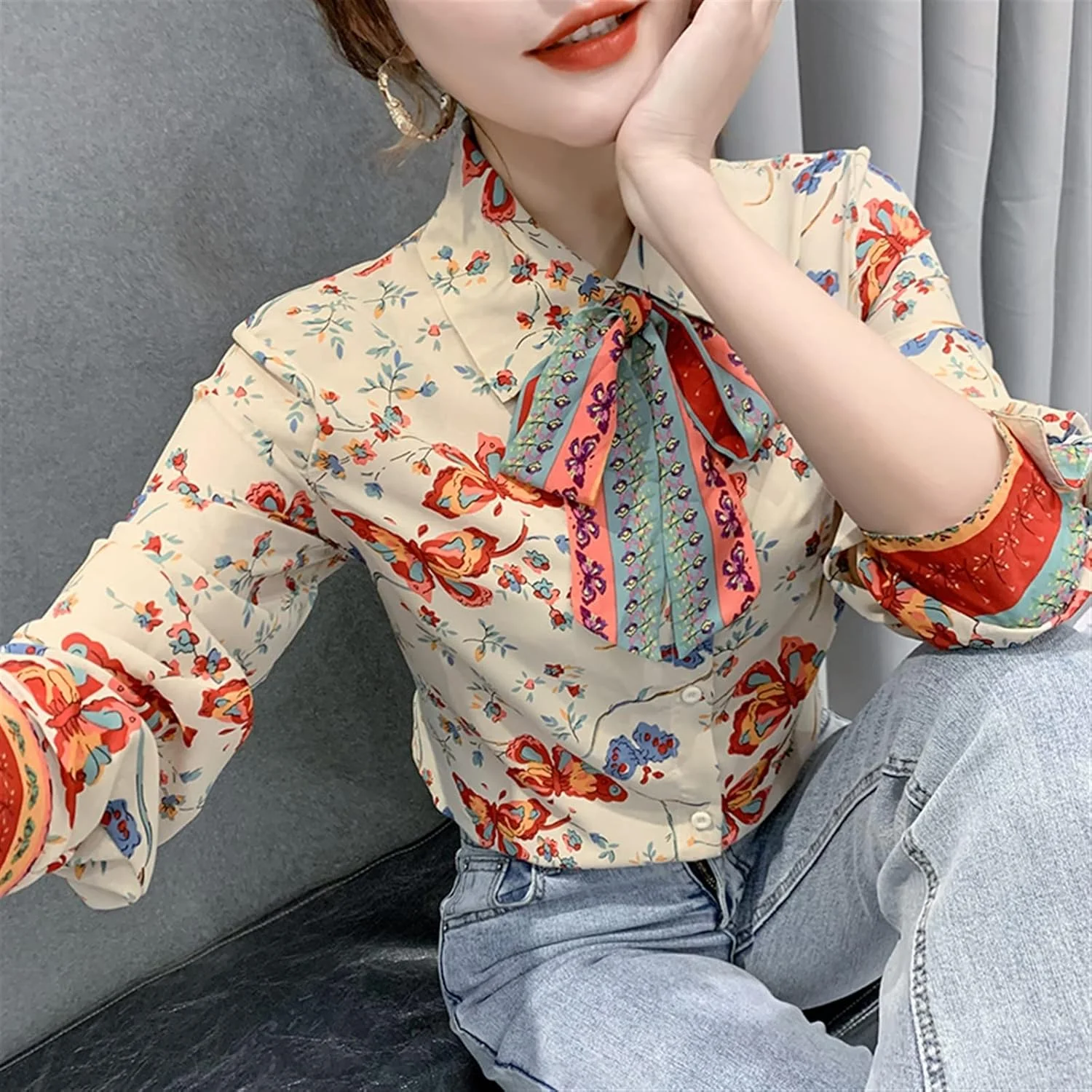 بلوز زنانه VETCS طرح گل و روبان، پیراهن یقه دار، تک سینه، کت زنانه آزاد (رنگ: آبی تیره، سایز: XL) بلوز زنانه VETCS طرح گل و روبان، پیراهن یقه دار، تک سینه، کت زنانه آزاد (رنگ: آبی تیره، سایز: XL)