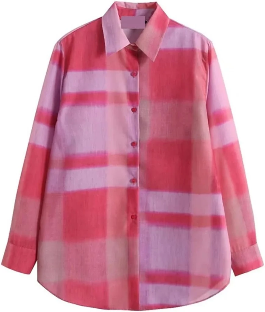 بلوز زنانه VETCS طرح دار، بلوزهای دکمه دار آستین بلند، لباس زنانه گشاد، پیراهن غیر رسمی، تاپ و بلوز زنانه (رنگ: صورتی، سایز: S)