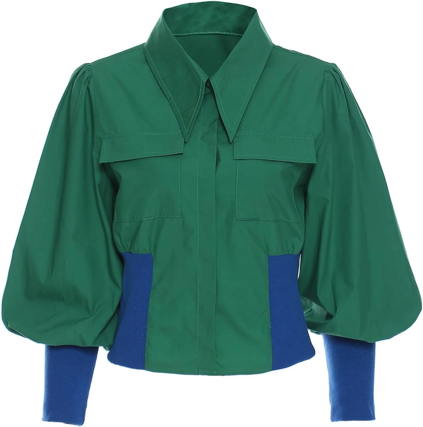 بلوز زنانه VETCS، پیراهن زنانه، طرح تکه دوزی، رنگ متضاد، تک دکمه، آستین بلند (رنگ: آبی تیره، سایز: S)