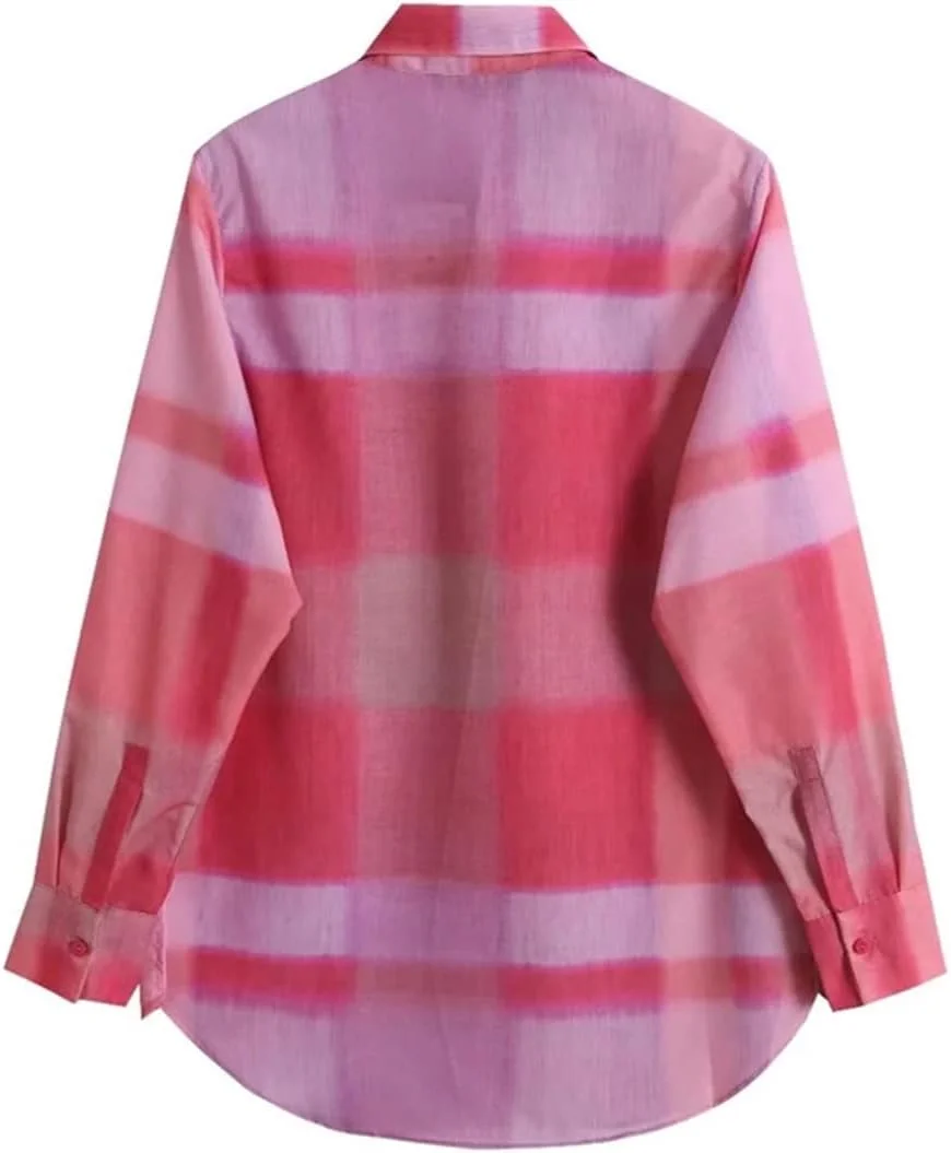 بلوز زنانه VETCS طرح دار، بلوزهای دکمه دار آستین بلند، لباس زنانه گشاد، پیراهن غیر رسمی، تاپ و بلوز زنانه (رنگ: صورتی، سایز: S)