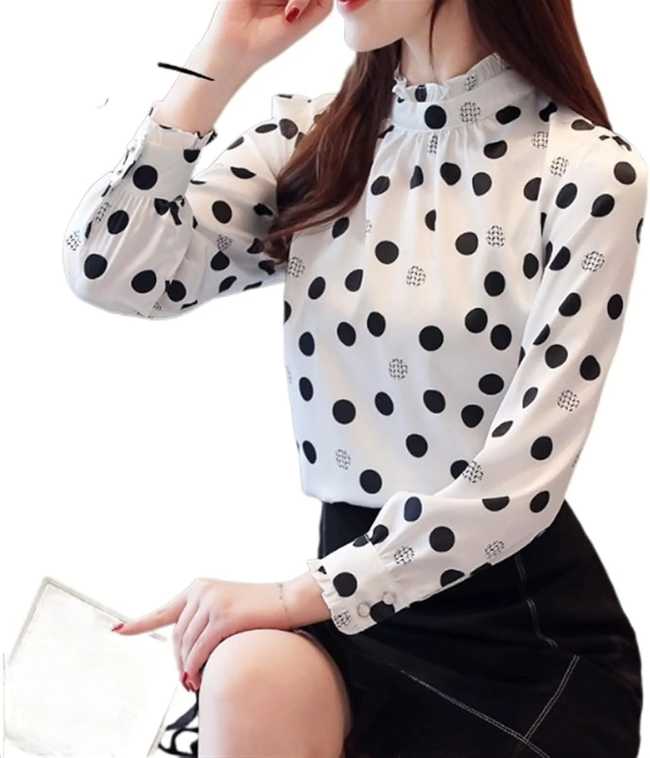 بلوز زنانه VETCS، پیراهن شیک زنانه، پیراهن شیفون زنانه، پیراهن غیر رسمی یقه ایستاده زنانه، پیراهن آستین بلند طرح خال خالی (رنگ: سفید، سایز: XXL)