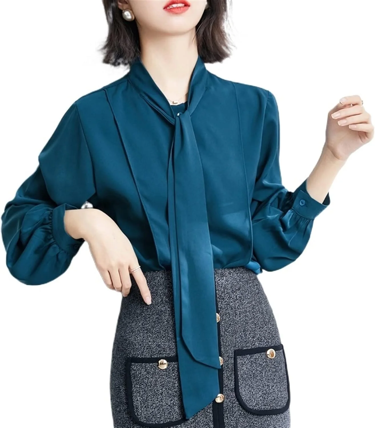 بلوز زنانه VETCS، پیراهن ساتن شیک، آستین بلند، مدل آزاد آبی یقه پاپیونی (رنگ: Hortelã، سایز: S)