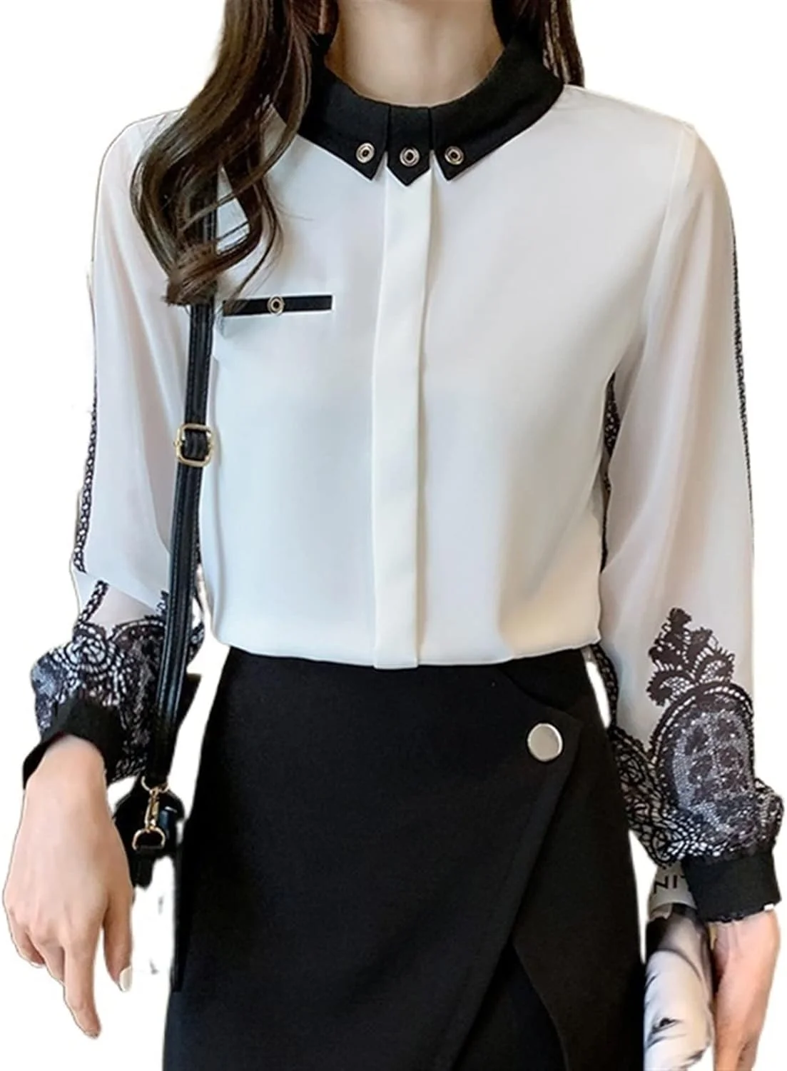 بلوز زنانه VETCS، پیراهن زنانه شیک، پیراهن سفید گلدوزی شده، آستین بلند (سایز: L)