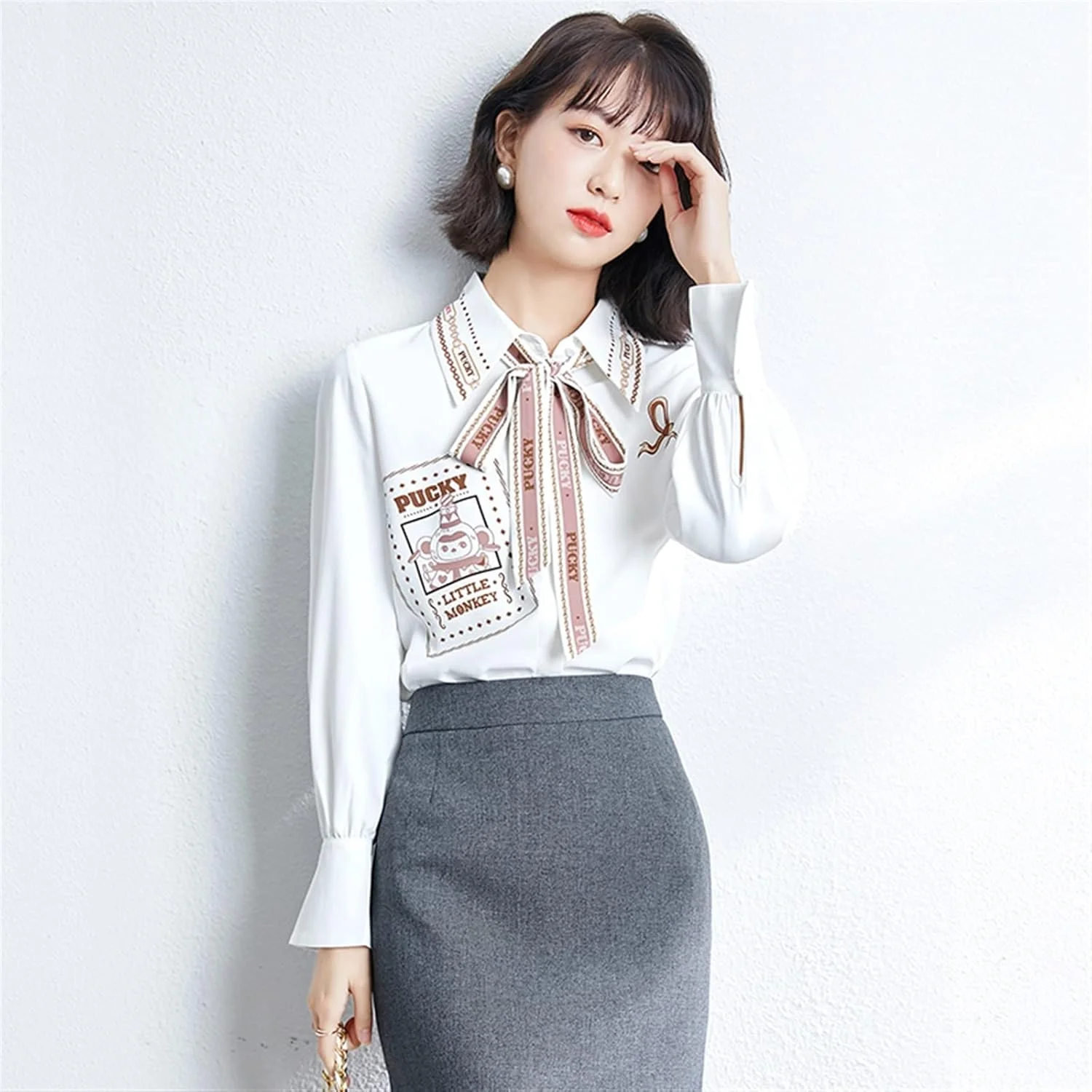 بلوز زنانه VETCS طرح دار یقه برگردان آستین بلند (سایز: L)