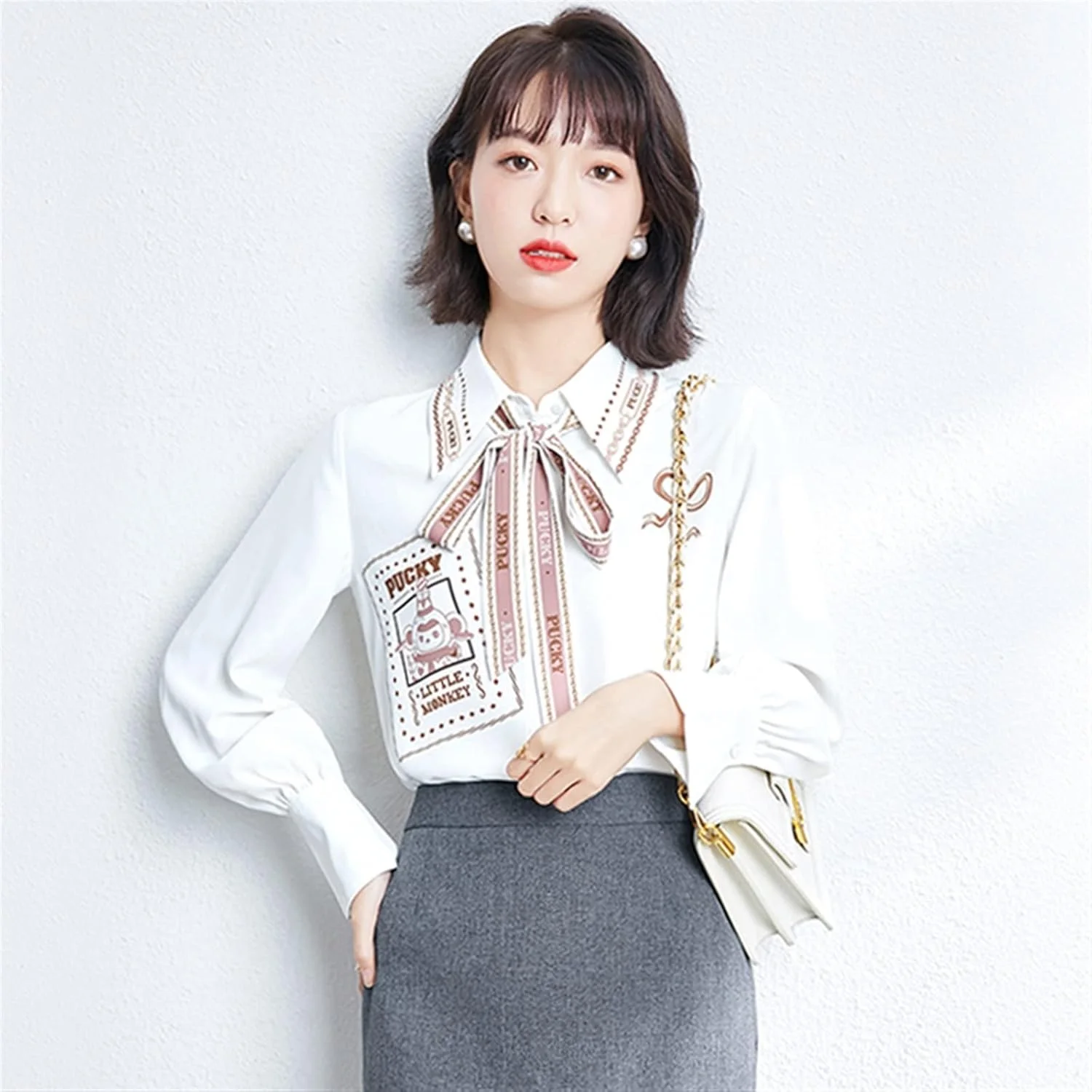 بلوز زنانه VETCS طرح دار یقه برگردان آستین بلند (سایز: L)