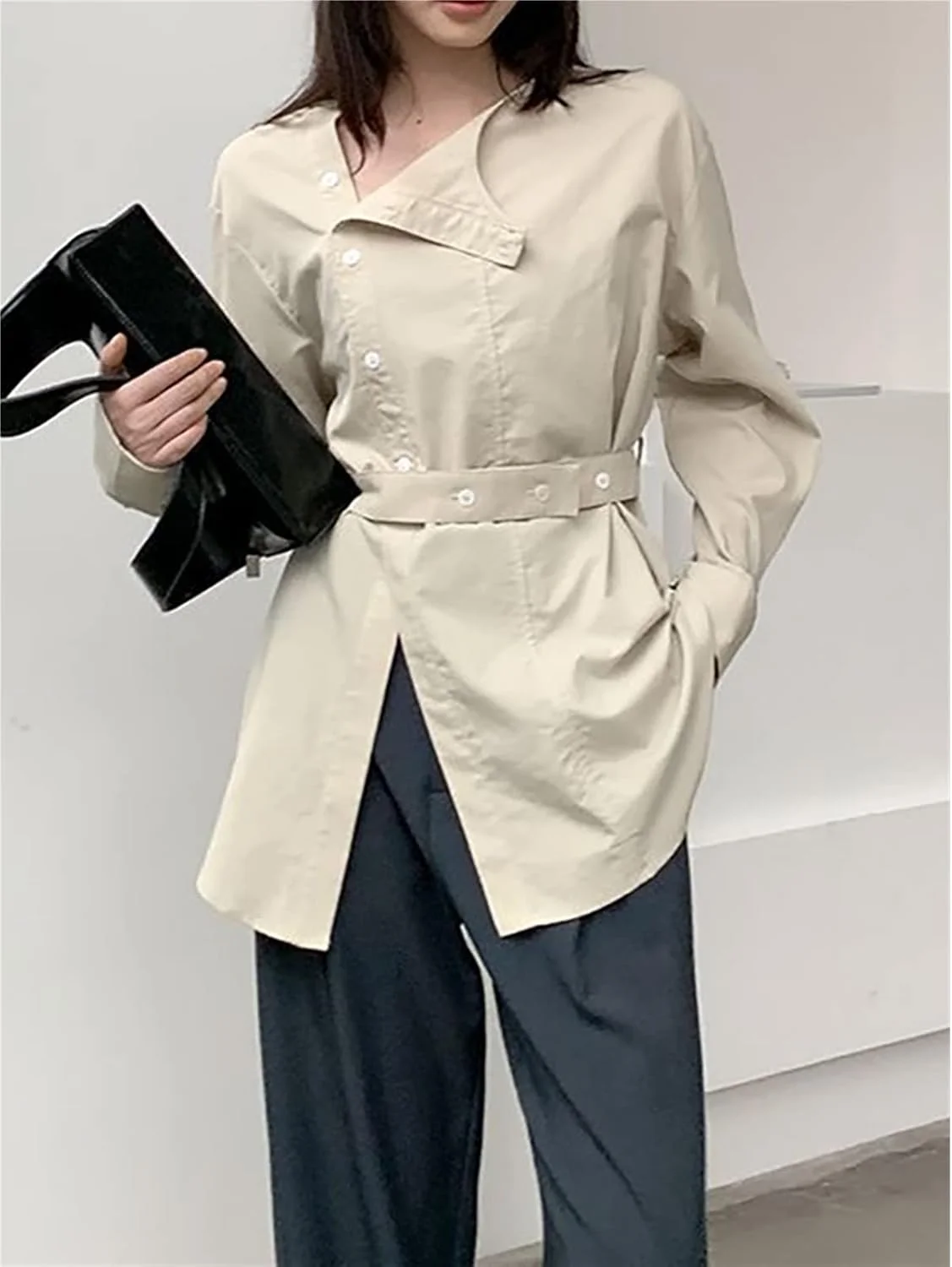 بلوز زنانه VETCS، پیراهن یقه گرد، گشاد، تک سینه مایل، آستین بلند، بلوز بانداژی زنانه (رنگ: سفید، سایز: تک سایز) بلوز زنانه VETCS، پیراهن یقه گرد، گشاد، تک سینه مایل، آستین بلند، بلوز بانداژی زنانه (رنگ: سفید، سایز: تک سایز)