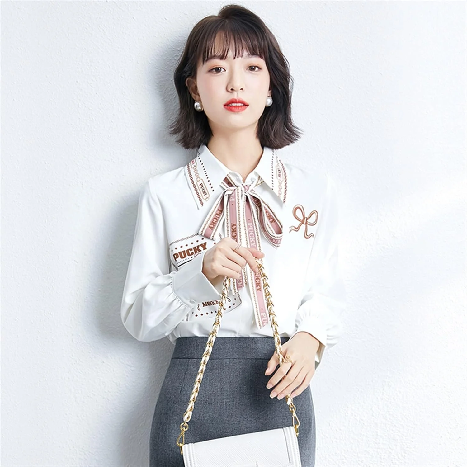 بلوز زنانه VETCS طرح دار یقه برگردان آستین بلند (سایز: L)