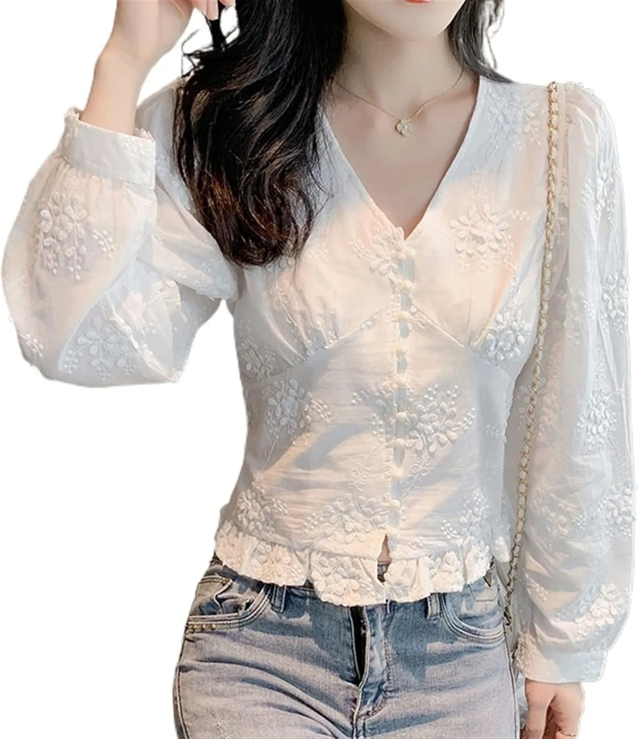 بلوز زنانه VETCS، پیراهن سفید گلدوزی شده، کمر بلند، یقه هفت کوتاه، آستین کوتاه، پیراهن توری زنانه (رنگ: سفید، سایز: L)
