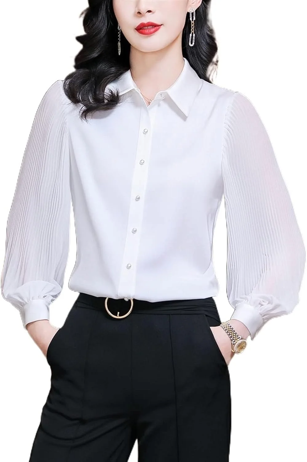 بلوز زنانه VETCS، پیراهن زنانه تاشو و آستین فانوسی بلند، تاپ یقه دار زنانه (رنگ: سفید، سایز: XXXL)