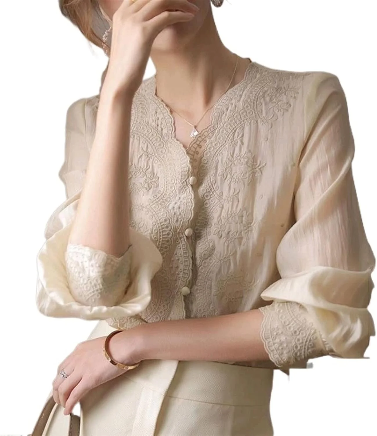 بلوز زنانه VETCS، پیراهن گلدوزی شده، پیراهن آستین بلند یقه هفت زنانه، پیراهن زنانه گشاد توری شیرین (سایز: S)