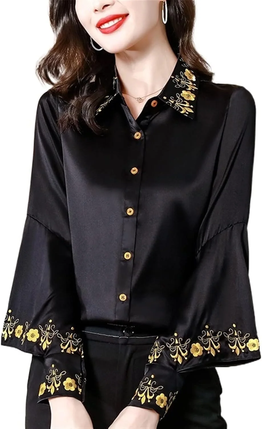 بلوز زنانه VETCS، پیراهن و بلوز ابریشمی زنانه، پیراهن زنانه گلدوزی شده، بلوز زنانه تکه دوزی شده، آستین بلند دکمه دار (سایز: M)