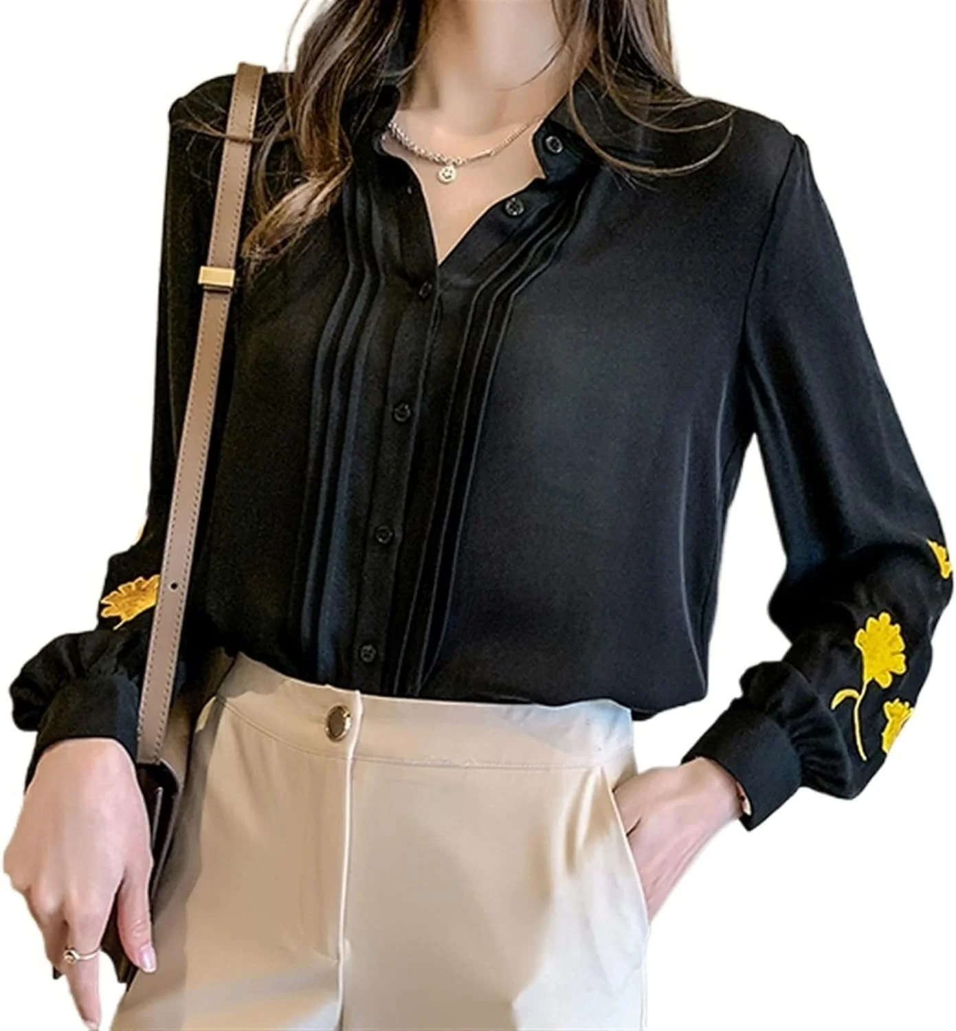 بلوز زنانه VETCS، بلوز و پیراهن گلدوزی شده زنانه، پیراهن یقه برگردان زنانه، لباس زنانه مشکی شیفون (رنگ: Hortel، سایز: M)