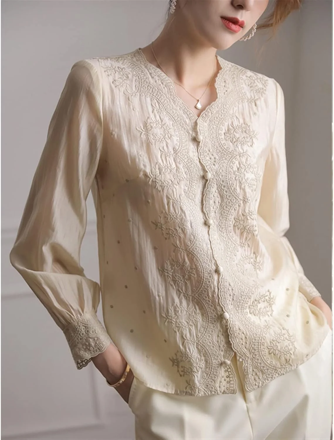 بلوز زنانه VETCS، پیراهن گلدوزی شده، پیراهن آستین بلند یقه هفت زنانه، پیراهن زنانه گشاد توری شیرین (سایز: S) بلوز زنانه VETCS، پیراهن گلدوزی شده، پیراهن آستین بلند یقه هفت زنانه، پیراهن زنانه گشاد توری شیرین (سایز: S)