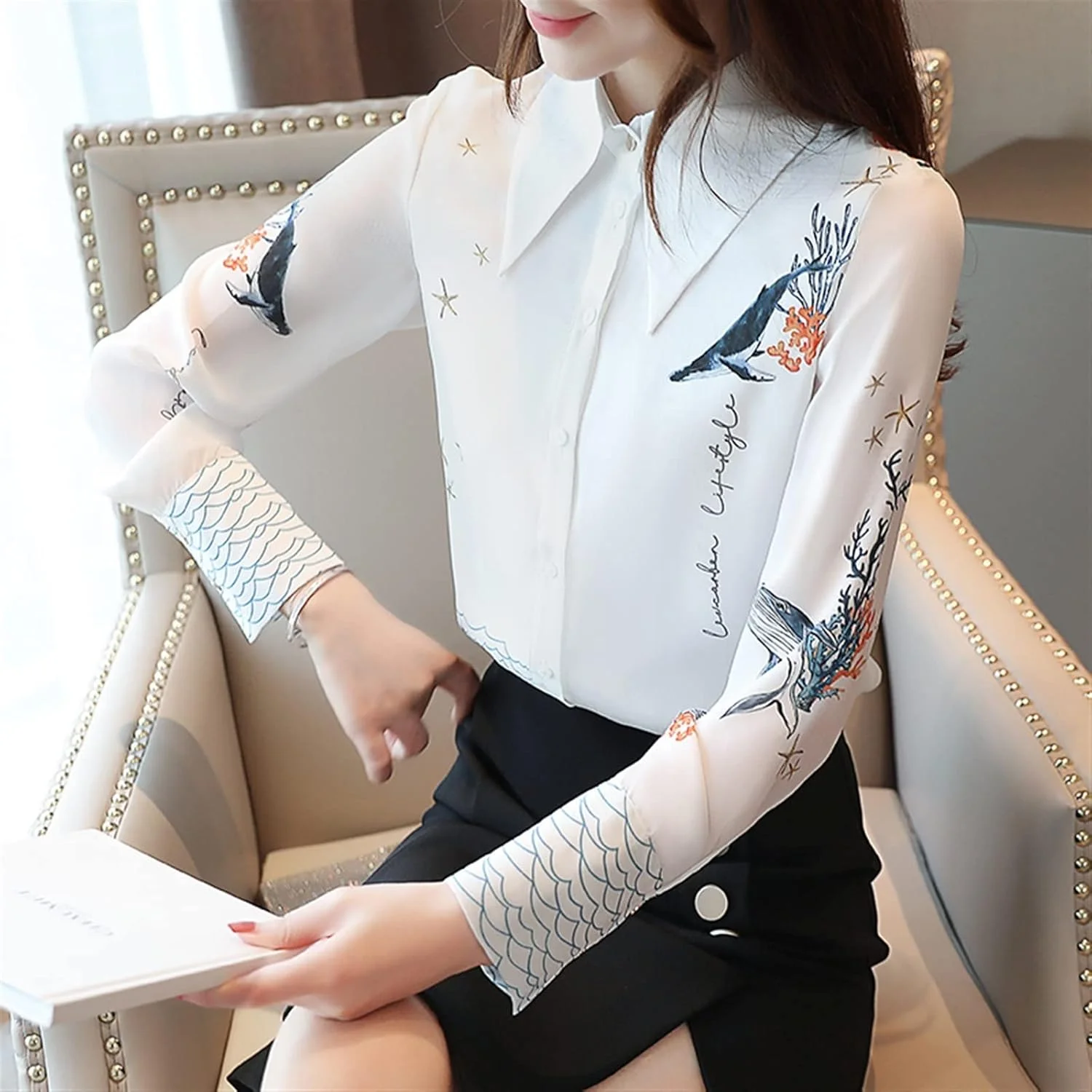 بلوز زنانه VETCS، پیراهن زنانه شیک، پیراهن شیفون طرح دار، یقه دار، پیراهن آستین بلند پاییزی، پیراهن دکمه دار سفید (رنگ: سفید، سایز: L) بلوز زنانه VETCS، پیراهن زنانه شیک، پیراهن شیفون طرح دار، یقه دار، پیراهن آستین بلند پاییزی، پیراهن دکمه دار سفید (رنگ: سفید، سایز: L)