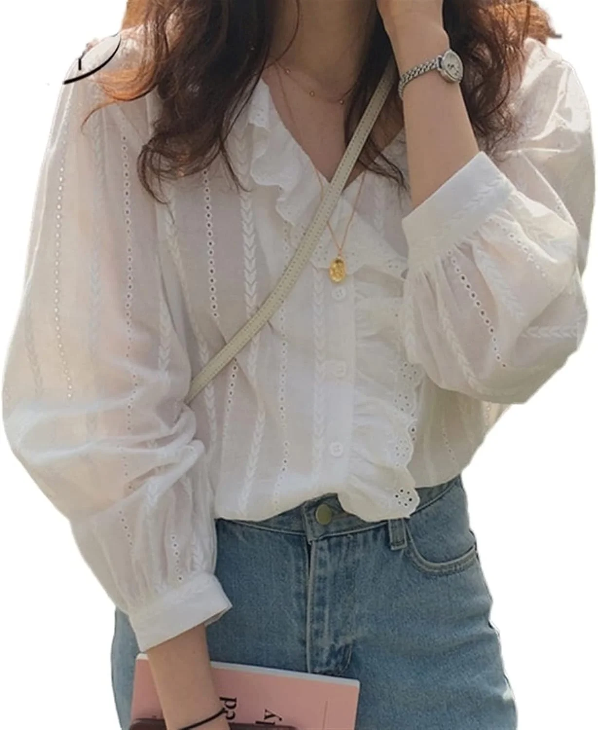 بلوز زنانه VETCS، بلوز و پیراهن نخی غیررسمی زنانه، پیراهن آستین بلند پلیسه دار و یقه هفت زنانه (سایز: XL)