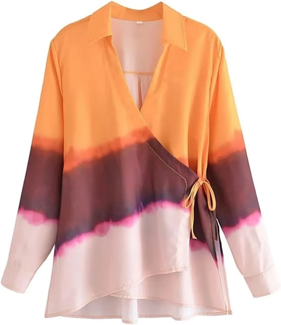 بلوز زنانه VETCS، بلوز طرح دار، لباس زنانه، تاپ بند دار، آستین بلند گشاد (رنگ: چند رنگ، سایز: L)