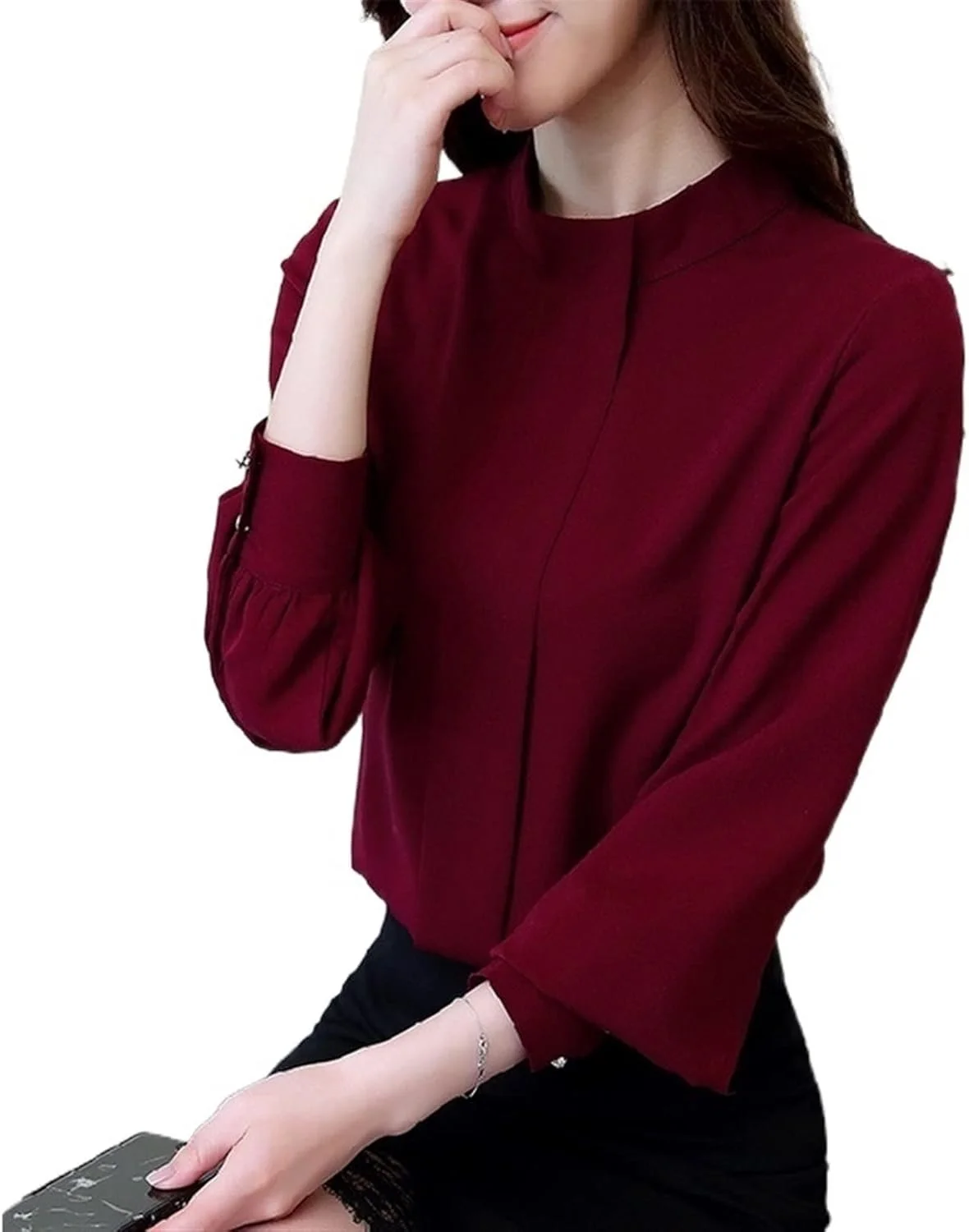 بلوز زنانه VETCS، تاپ بلوز شیفون، تاپ و بلوز آستین بلند زنانه، بلوز اداری زنانه، بلوز زنانه، تاپ زنانه (رنگ: آبی تیره، سایز: S)