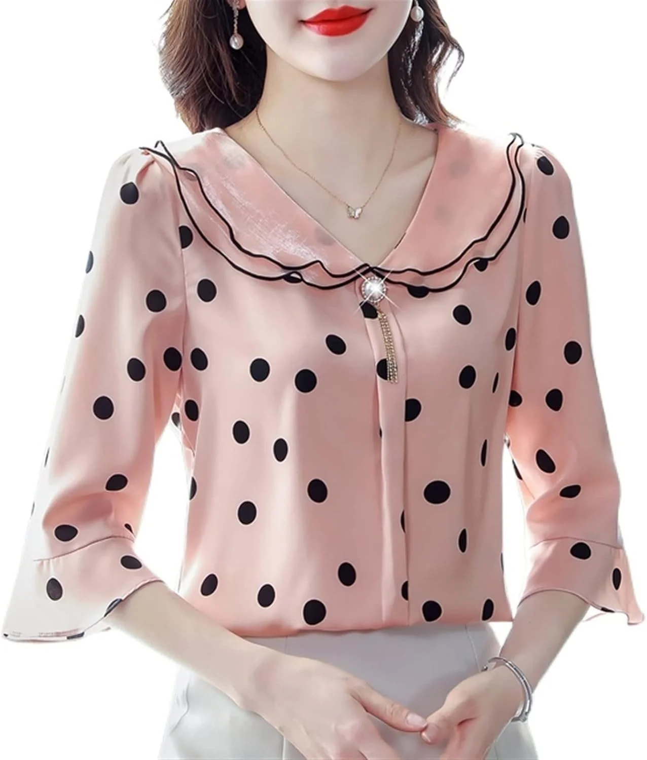 بلوز زنانه VETCS طرح خال خالی، پیراهن یقه دار شیفون، آستین سه ربع گشاد، تاپ غیر رسمی زنانه (رنگ: صورتی، سایز: L)