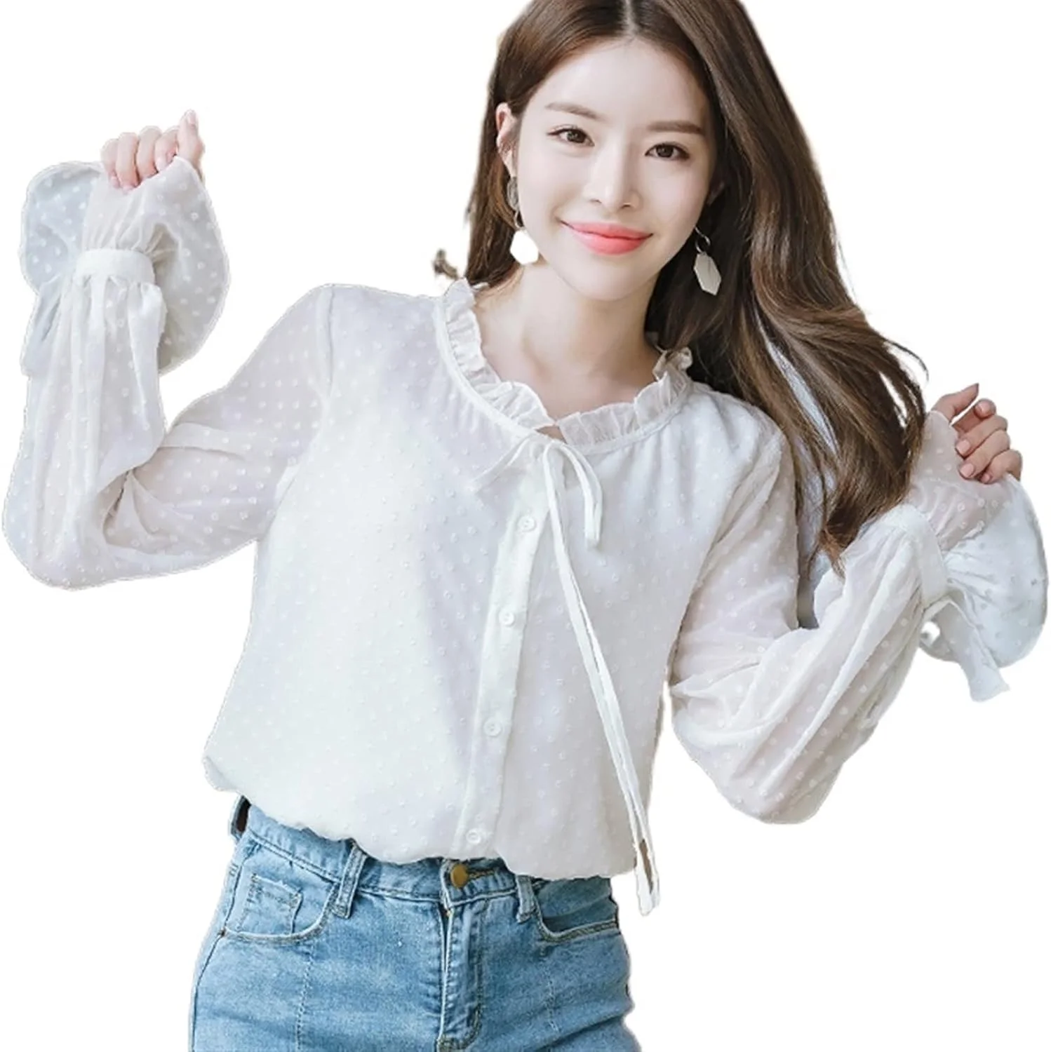 بلوز زنانه VETCS، پیراهن شیفون خالدار زنانه، پیراهن یقه ایستاده زنانه، پیراهن شیرین زنانه آستین بلند زنانه (رنگ: سفید، سایز: S)