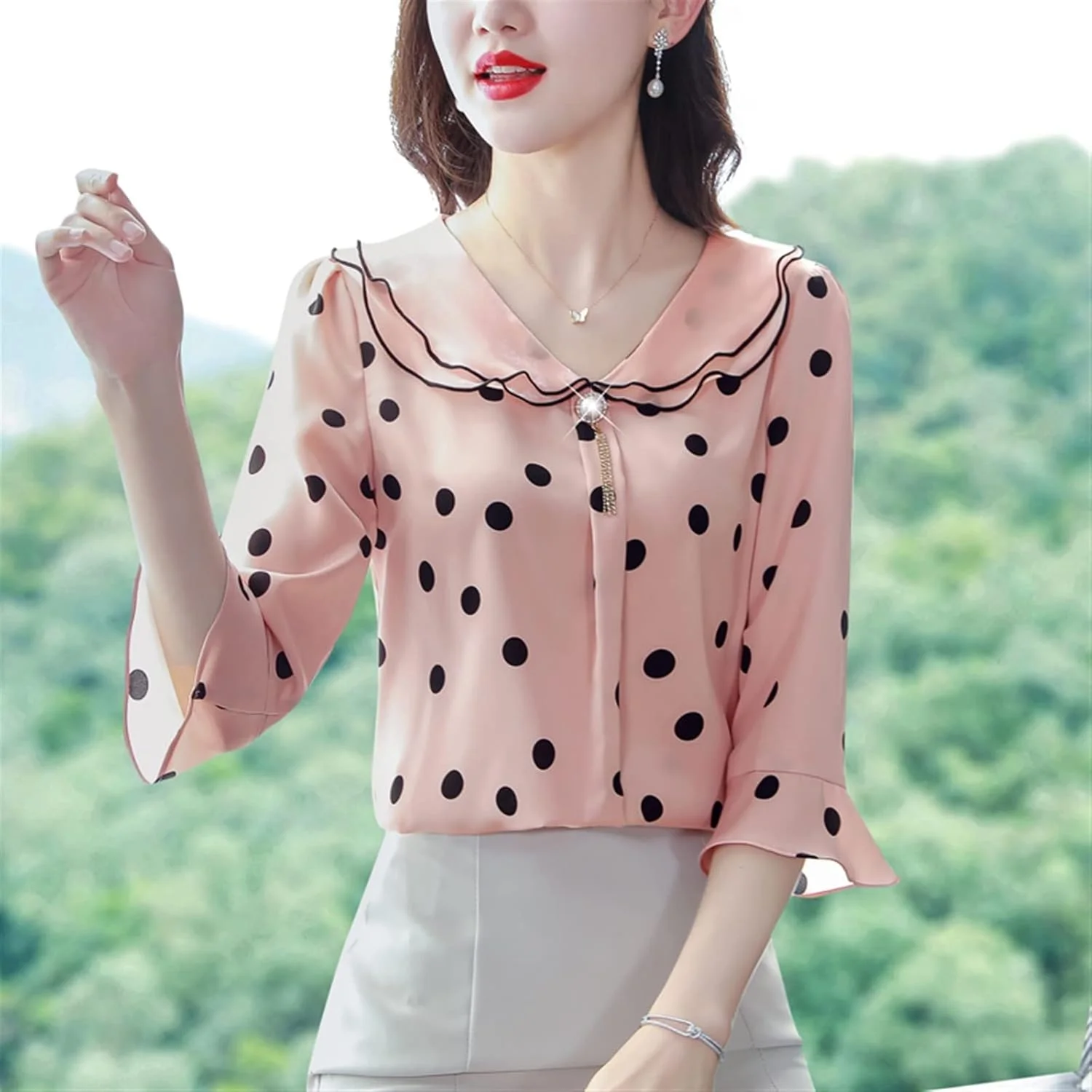 بلوز زنانه VETCS طرح خال خالی، پیراهن یقه دار شیفون، آستین سه ربع گشاد، تاپ غیر رسمی زنانه (رنگ: صورتی، سایز: L) بلوز زنانه VETCS طرح خال خالی، پیراهن یقه دار شیفون، آستین سه ربع گشاد، تاپ غیر رسمی زنانه (رنگ: صورتی، سایز: L)