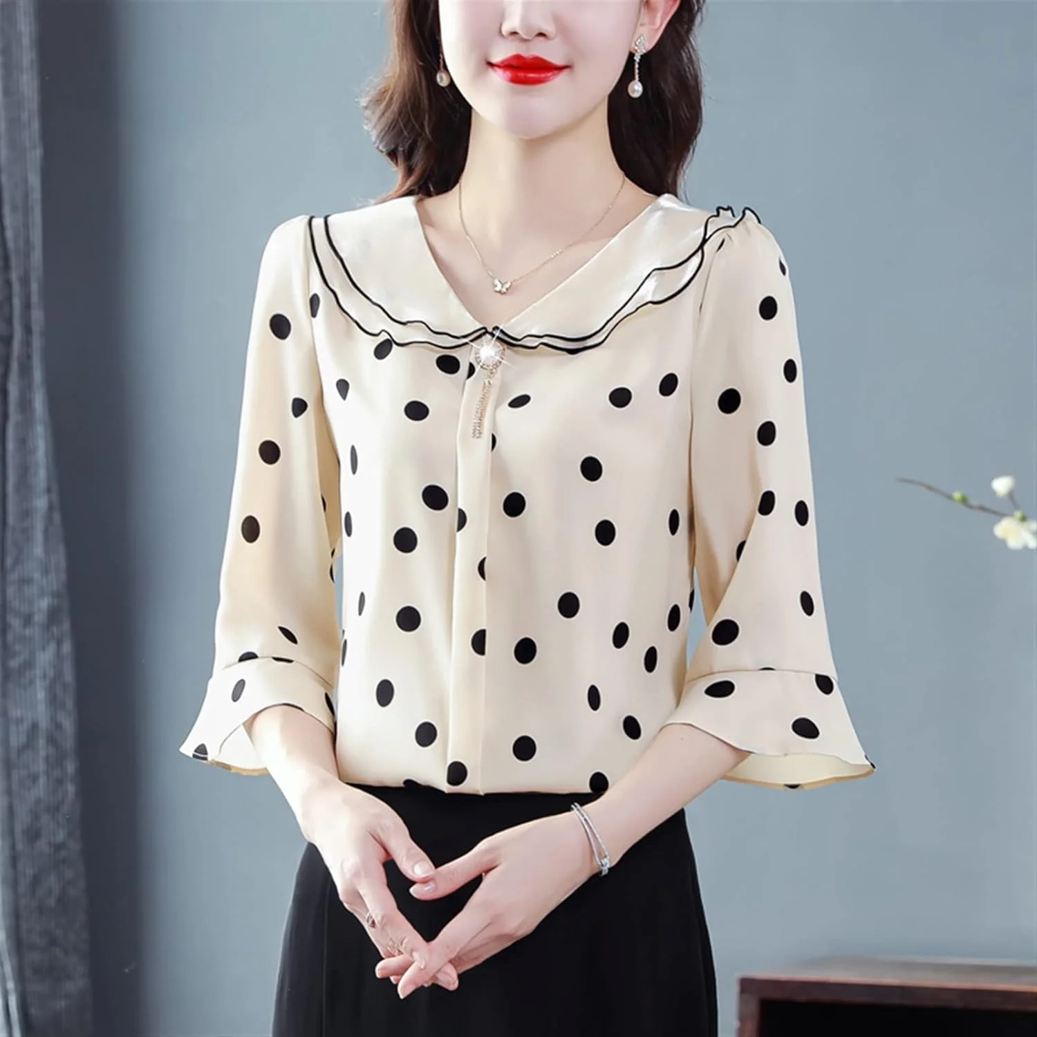 بلوز زنانه VETCS طرح خال خالی، پیراهن یقه دار شیفون، آستین سه ربع گشاد، تاپ غیر رسمی زنانه (رنگ: صورتی، سایز: L) بلوز زنانه VETCS طرح خال خالی، پیراهن یقه دار شیفون، آستین سه ربع گشاد، تاپ غیر رسمی زنانه (رنگ: صورتی، سایز: L)