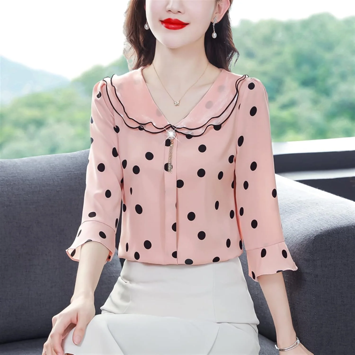 بلوز زنانه VETCS طرح خال خالی، پیراهن یقه دار شیفون، آستین سه ربع گشاد، تاپ غیر رسمی زنانه (رنگ: صورتی، سایز: L) بلوز زنانه VETCS طرح خال خالی، پیراهن یقه دار شیفون، آستین سه ربع گشاد، تاپ غیر رسمی زنانه (رنگ: صورتی، سایز: L)