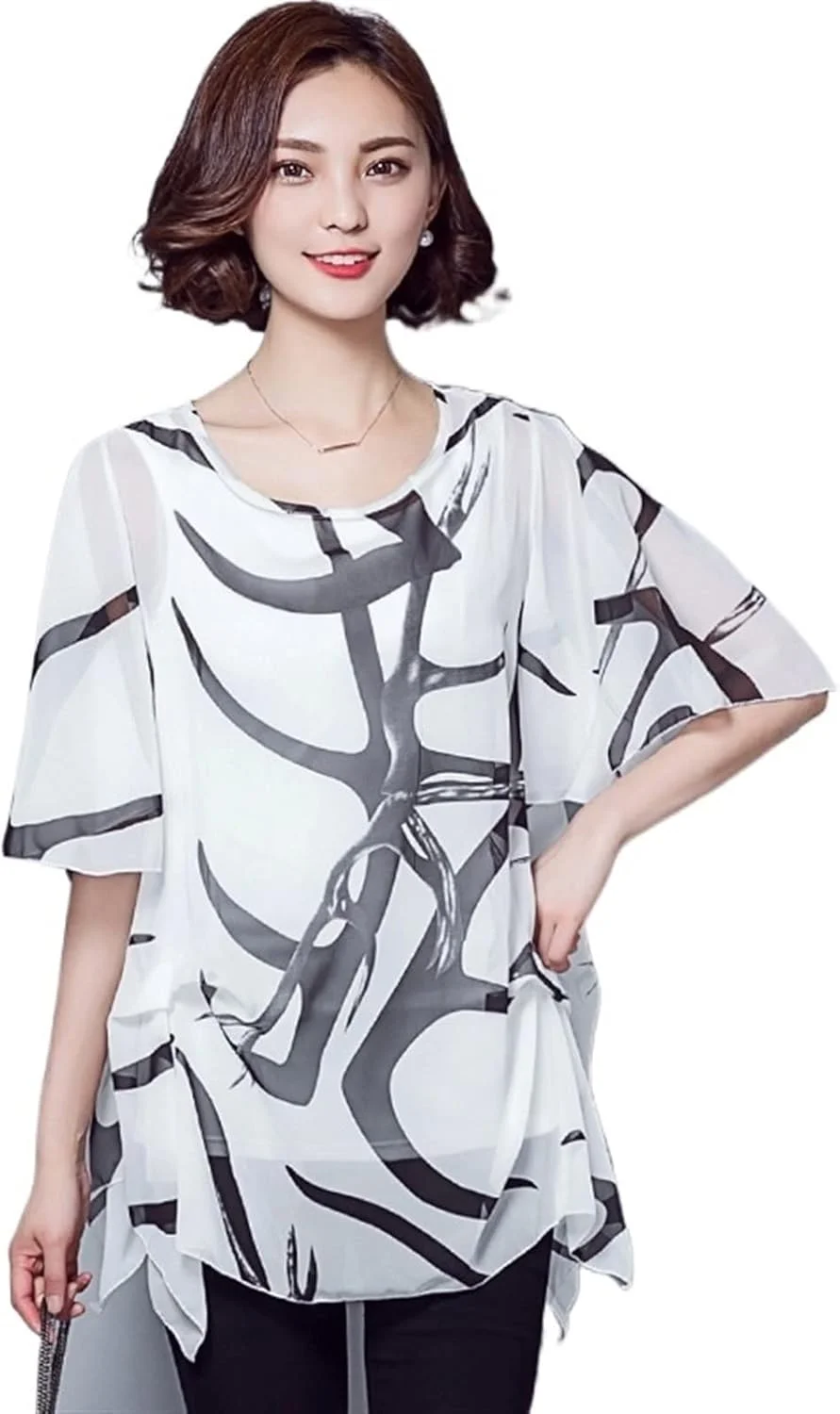 بلوز زنانه VETCS، پیراهن شیفون، سایز بزرگ، آستین کوتاه نازک، تی شرت شیفون ضخیم (رنگ: سفید، سایز: L)