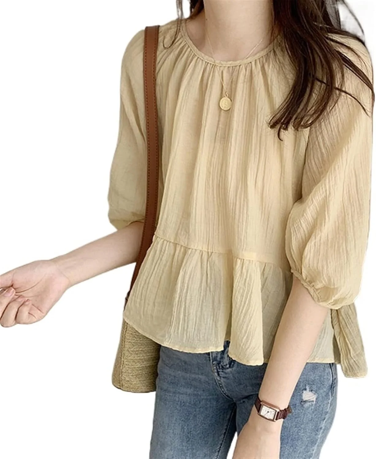 بلوز زنانه VETCS، پیراهن سایز بزرگ، بلوز شیرین شیفون، یقه گرد، تاپ پلیسه دار چین دار زنانه (رنگ: Hortel، سایز: XL)