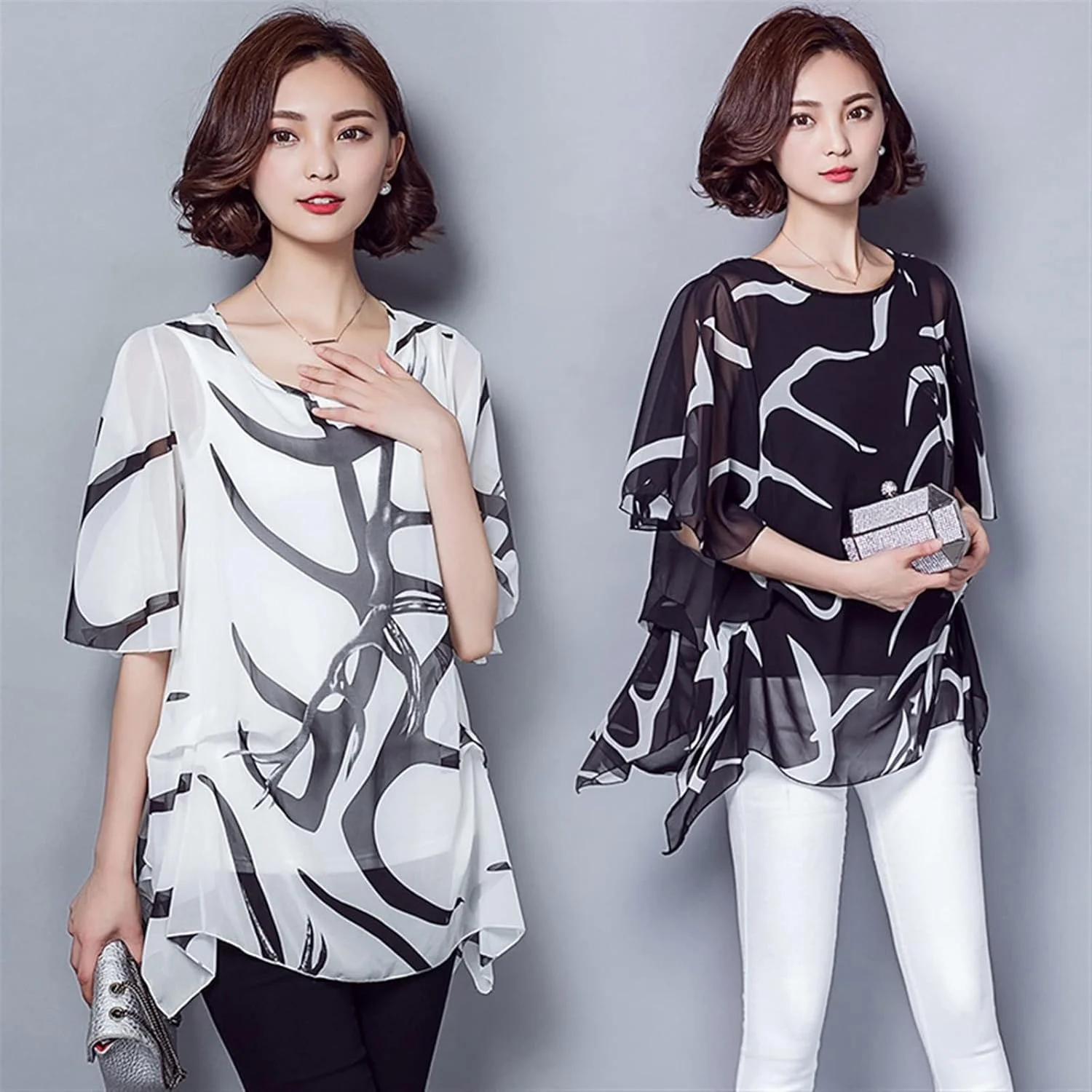 بلوز زنانه VETCS، پیراهن شیفون، سایز بزرگ، آستین کوتاه نازک، تی شرت شیفون ضخیم (رنگ: سفید، سایز: L)