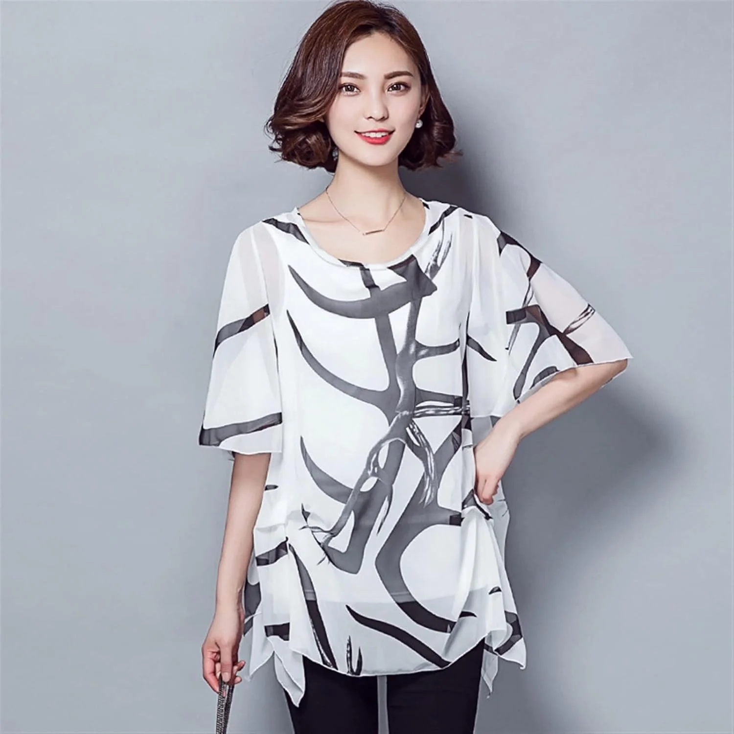 بلوز زنانه VETCS، پیراهن شیفون، سایز بزرگ، آستین کوتاه نازک، تی شرت شیفون ضخیم (رنگ: سفید، سایز: L)