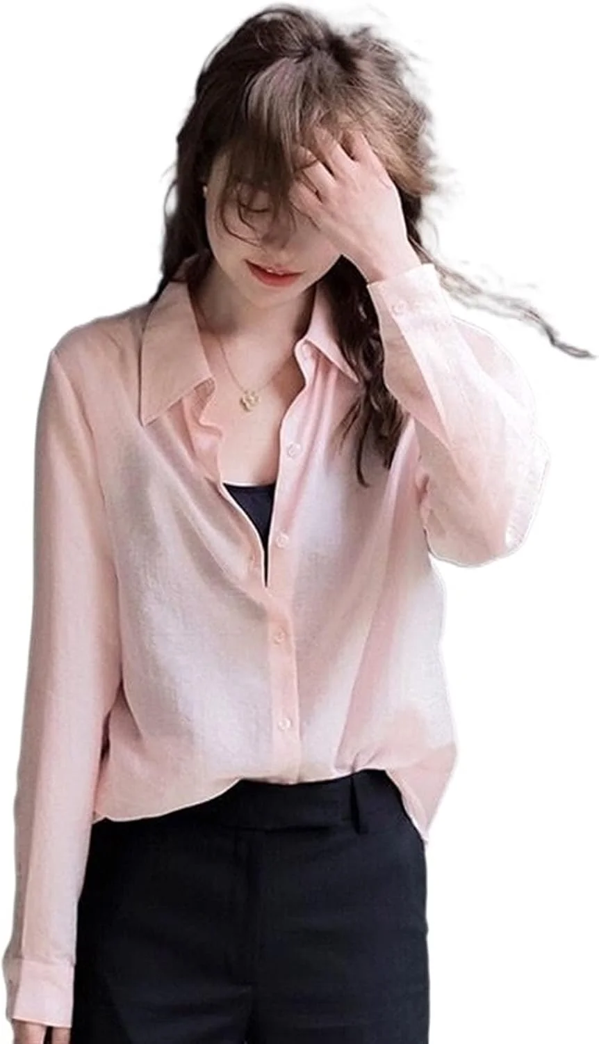 بلوز زنانه VETCS، پیراهن زنانه یقه برگردان دکمه دار ساده، ژاکت با استایل غیر رسمی، لباس زنانه خوش استایل رنگ ثابت (رنگ: صورتی، سایز: L)