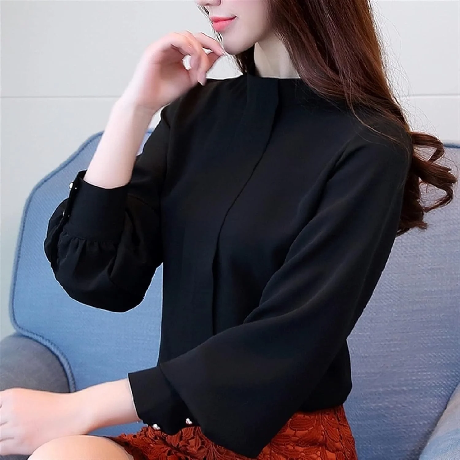 بلوز زنانه VETCS، تاپ بلوز شیفون، تاپ و بلوز آستین بلند زنانه، بلوز اداری زنانه، بلوز زنانه، تاپ زنانه (رنگ: آبی تیره، سایز: XXXL)