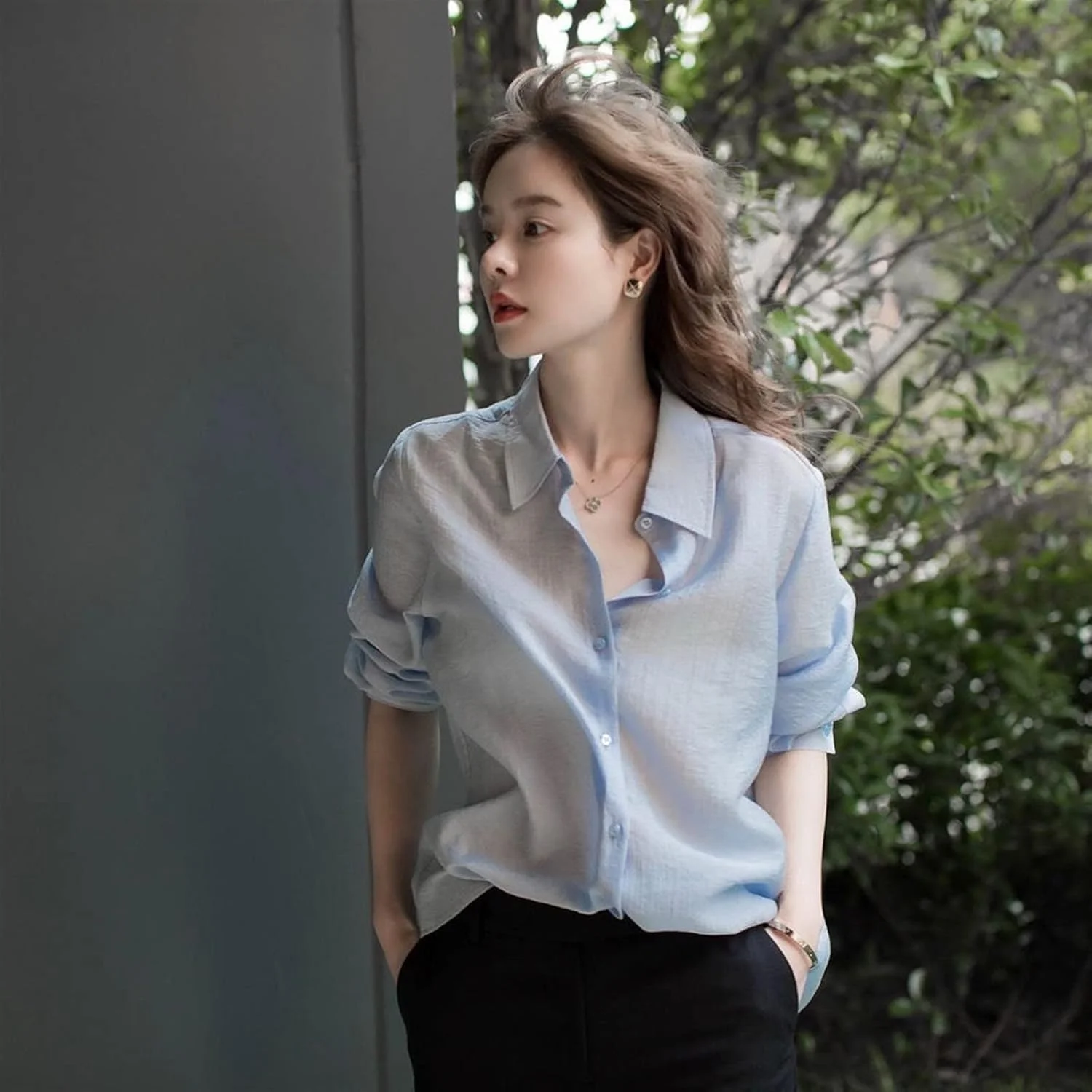 بلوز زنانه VETCS، پیراهن زنانه یقه برگردان دکمه دار ساده، ژاکت با استایل غیر رسمی، لباس زنانه خوش استایل رنگ ثابت (رنگ: صورتی، سایز: L)