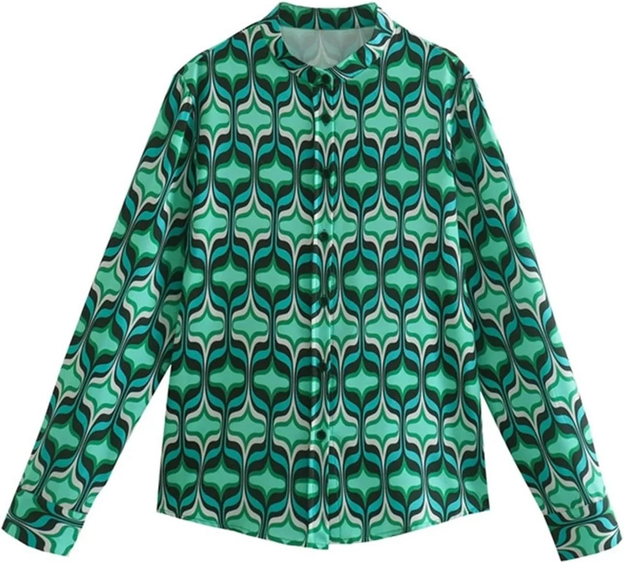 بلوز زنانه VETCS، پیراهن زنانه دکمه دار طرح دار، بلوز و شومیز آستین بلند یقه ایستاده زنانه (رنگ: آبی تیره، سایز: S)