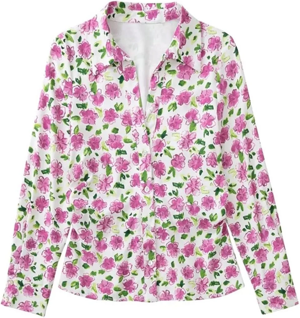 بلوز زنانه VETCS، بلوز زنانه طرح دار دکمه دار، پیراهن زنانه یقه هفت آستین بلند، بلوز و شومیز های چین دار (رنگ: سفید، سایز: S)