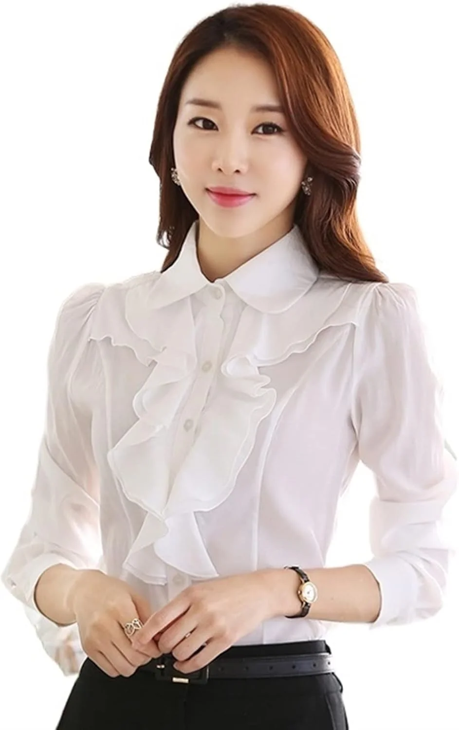 بلوز زنانه VETCS، بلوز شیفون سفید، پیراهن دکمه دار زنانه، آستین بلند (رنگ: سفید، سایز: S)