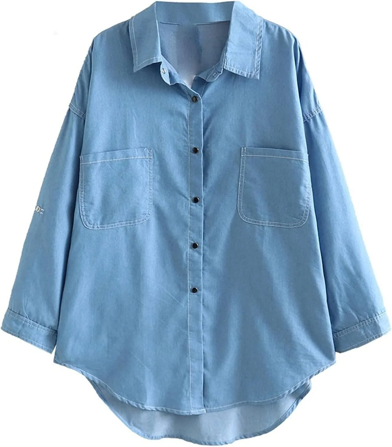 بلوز زنانه VETCS، پیراهن جین زنانه دکمه دار، آستین قابل جمع شدن، پیراهن جین کلاسیک پایه، پیراهن کار آستین بلند Chambray (سایز: 4XL)