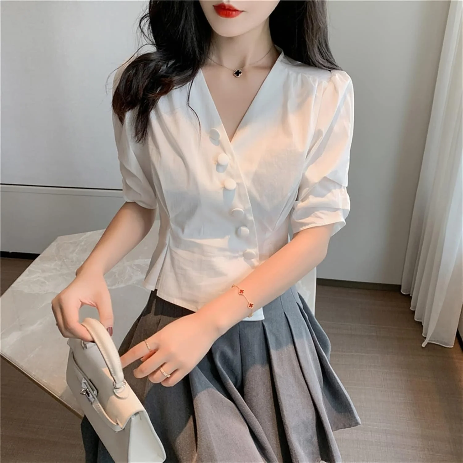 بلوز زنانه VETCS پیراهن دکمه دار آستین کوتاه باریک یقه پیراهن زنانه آستر دار (رنگ: Hortelã، سایز: M)