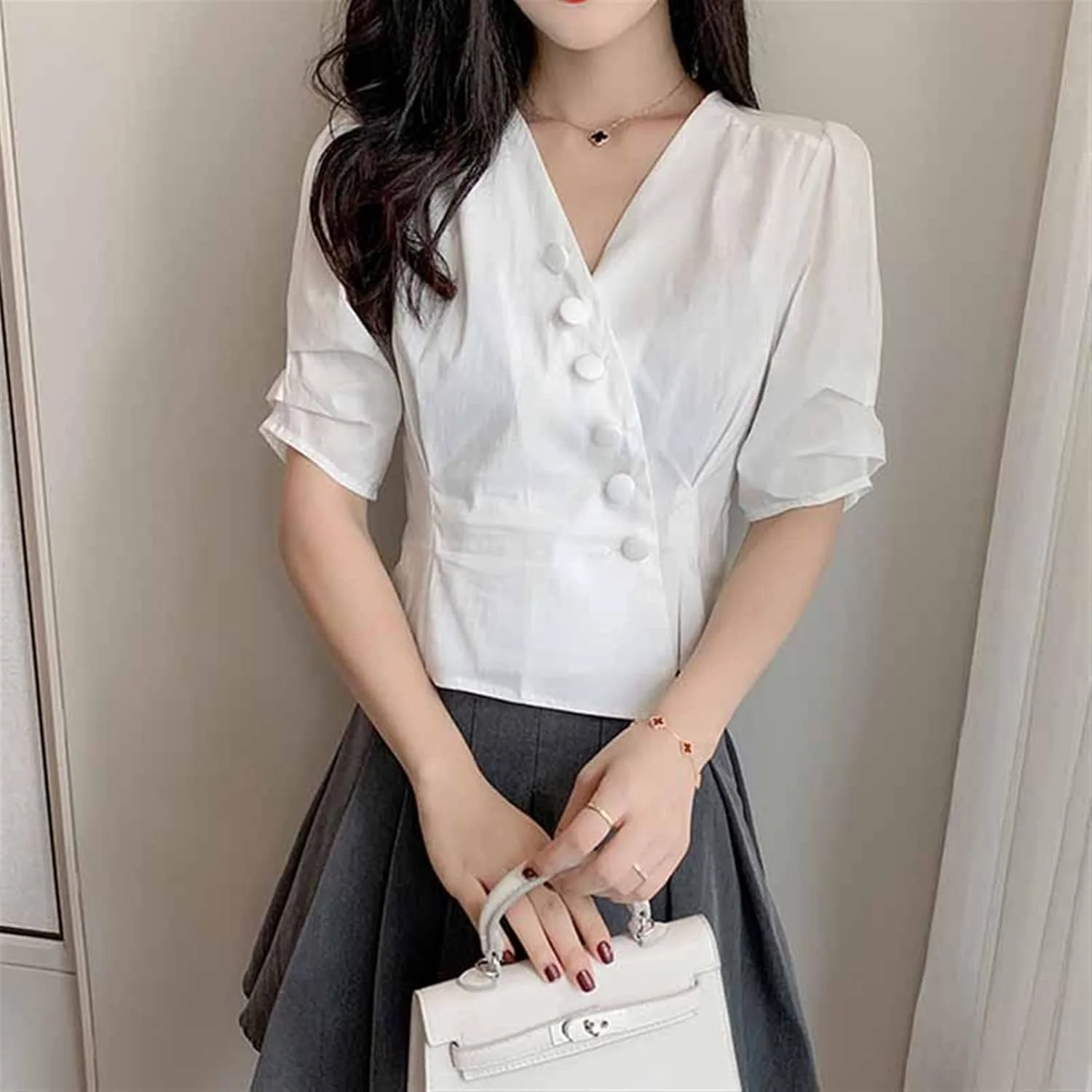 بلوز زنانه VETCS پیراهن دکمه دار آستین کوتاه باریک پیراهن شیفون مد روز یقه هفت (رنگ: سفید، سایز: XL) بلوز زنانه VETCS پیراهن دکمه دار آستین کوتاه باریک پیراهن شیفون مد روز یقه هفت (رنگ: سفید، سایز: XL)