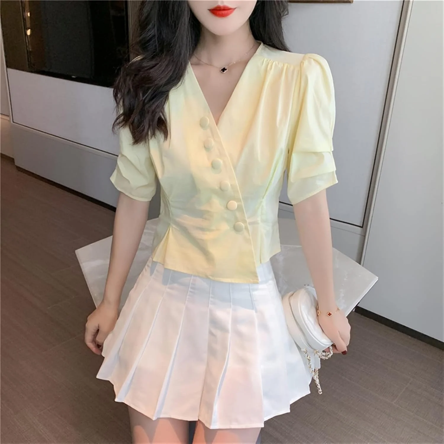 بلوز زنانه VETCS پیراهن دکمه دار آستین کوتاه باریک پیراهن شیفون مد روز یقه هفت (رنگ: سفید، سایز: XL) بلوز زنانه VETCS پیراهن دکمه دار آستین کوتاه باریک پیراهن شیفون مد روز یقه هفت (رنگ: سفید، سایز: XL)