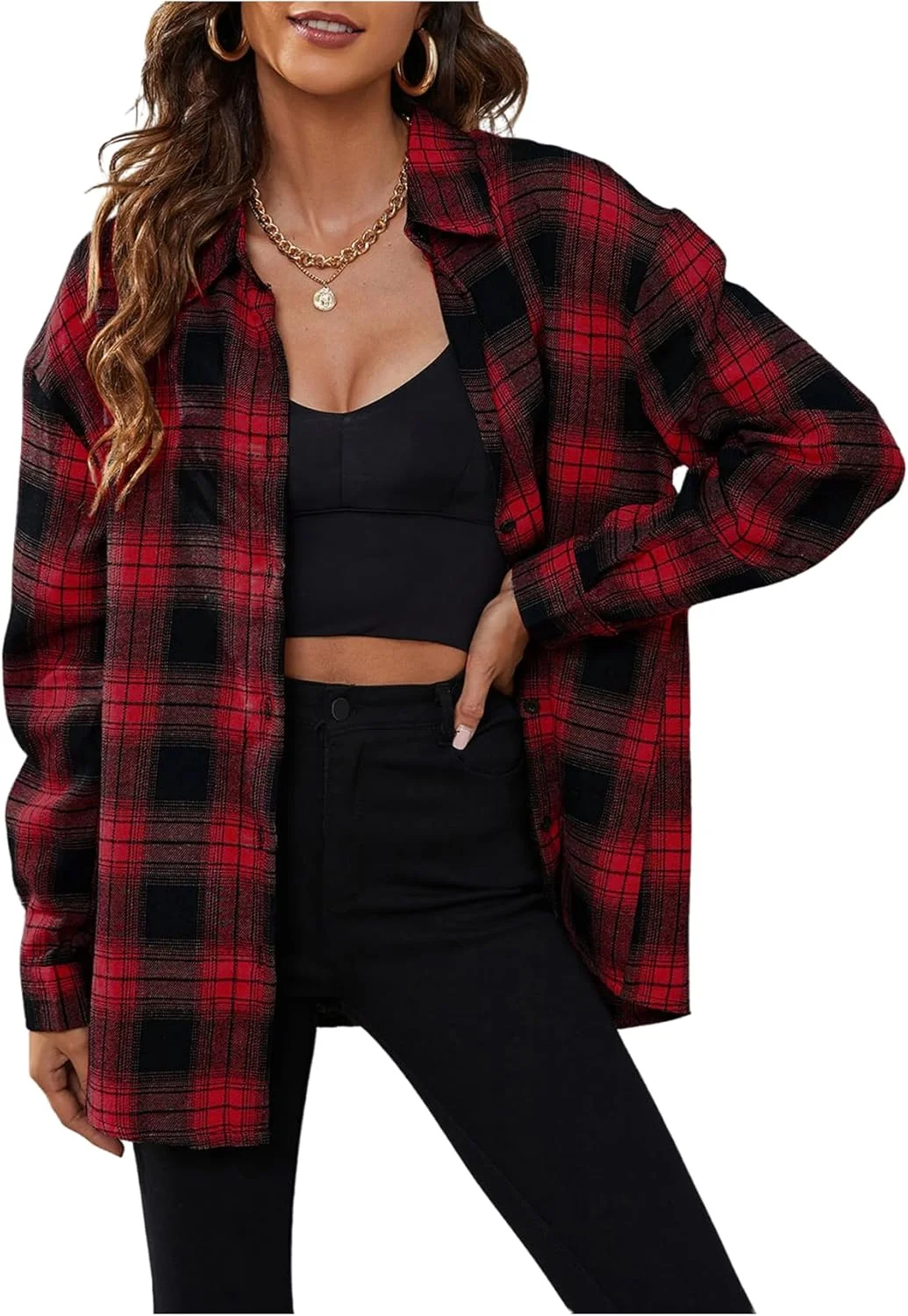 بلوز زنانه Verdusa طرح تارتان چهارخانه دکمه دار آستین بلند سرشانه افتاده گشاد غیر رسمی