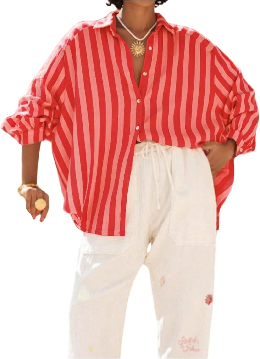 بلوز راه راه دکمه دار زنانه وردوسا، آستین بلند، سرشانه افتاده، پیراهن های سایز بزرگ