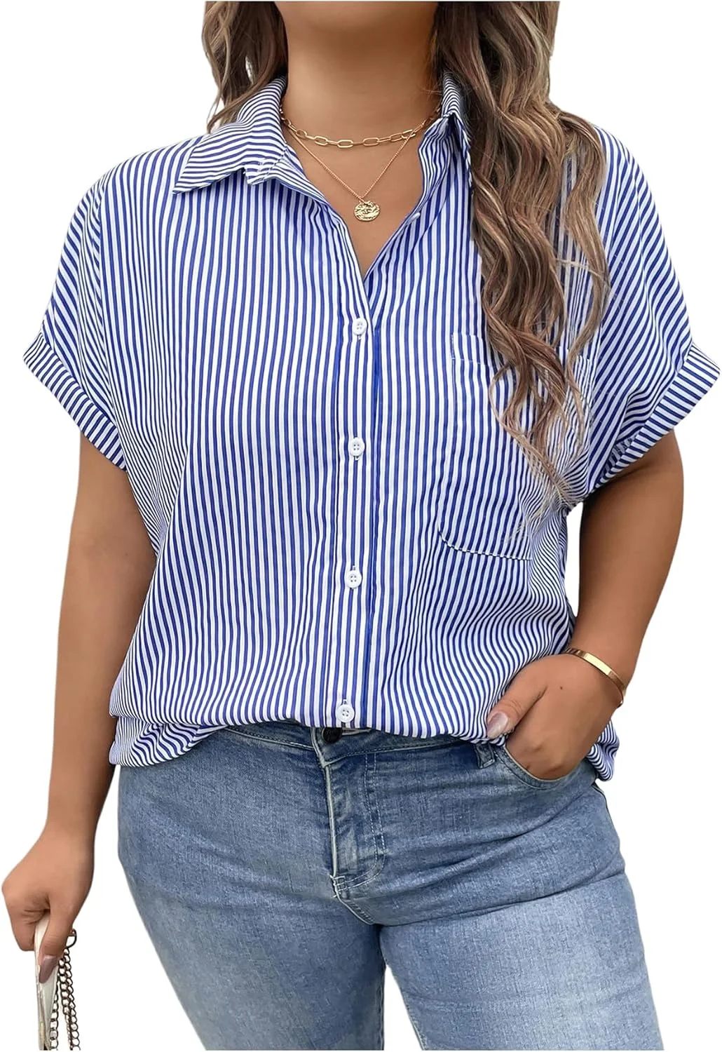 Verdusa بلوز زنانه سایز بزرگ راه راه دکمه دار پیراهن یقه دار تونیک با جیب