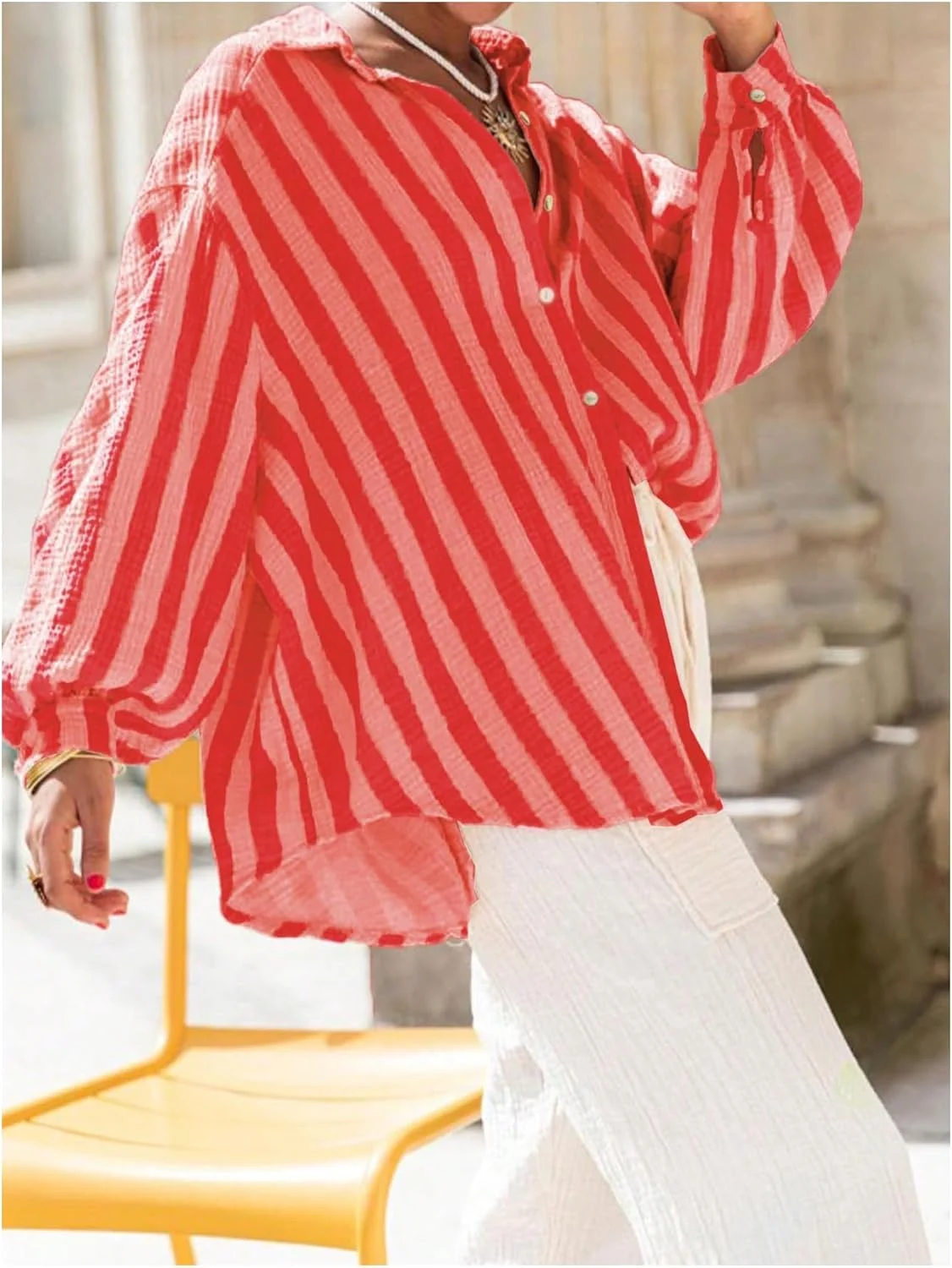 بلوز راه راه دکمه دار زنانه وردوسا، آستین بلند، سرشانه افتاده، پیراهن های سایز بزرگ