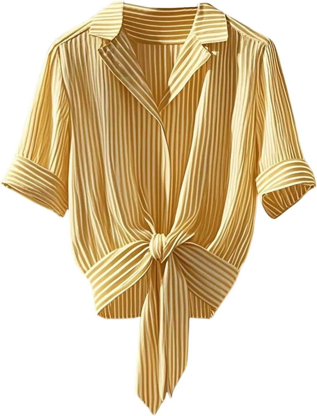 بلوز زنانه راه راه دکمه دار آستین کوتاه گره ای تابستانی یقه دار Verdusa